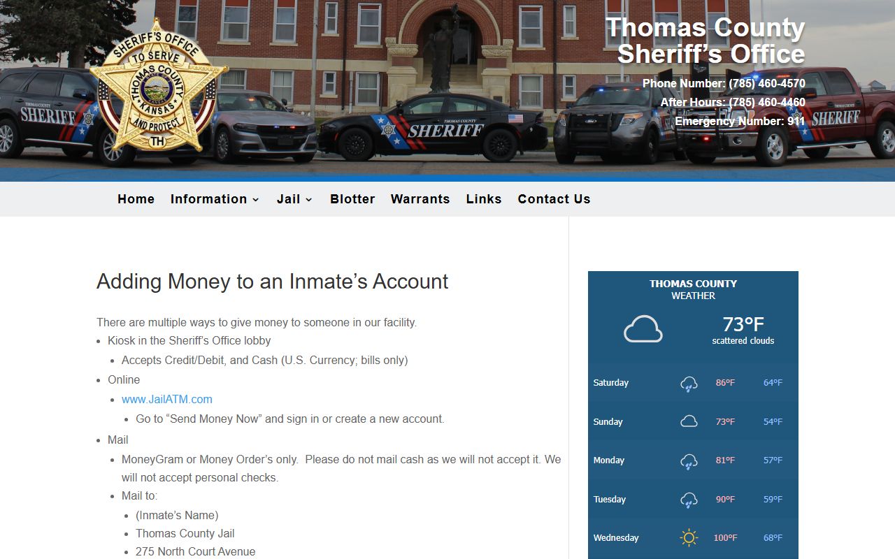 Thomas County Jail inmate money deposit methods for Gove County inmates