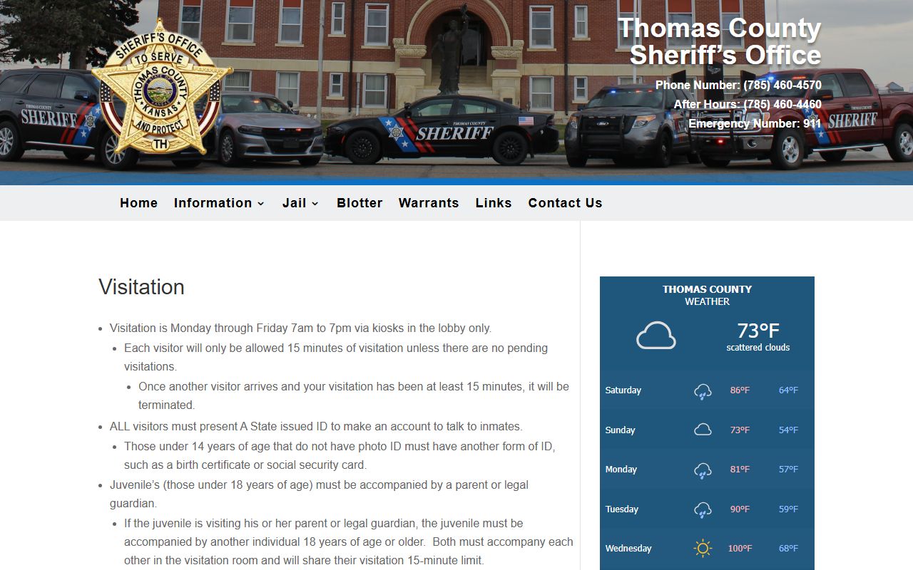 Thomas County Jail visitation rules for Gove County inmates